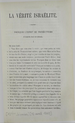 La verité Israélite V01 N°13 (12/04/1860)